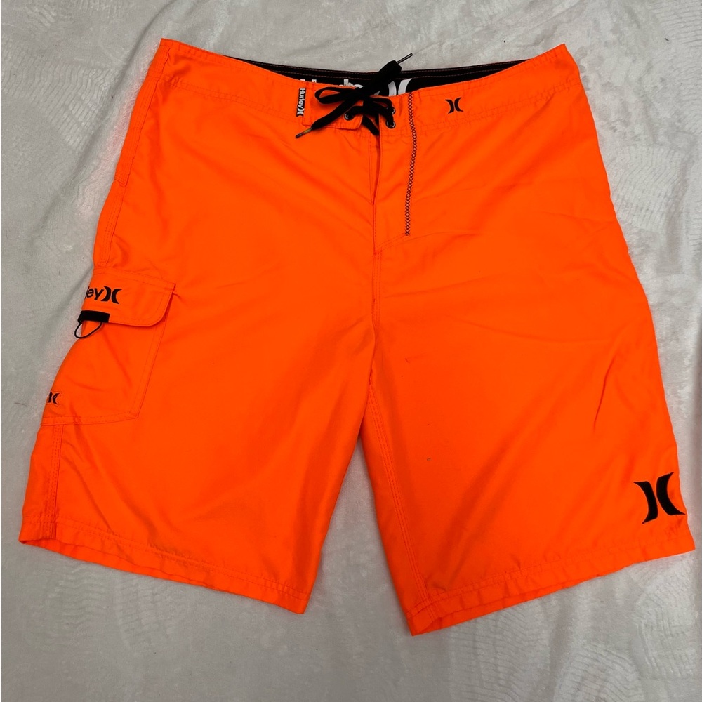 Hurley Mens Board Shorts Size 31 Neon Orange Hook & Loop Pockets Swim